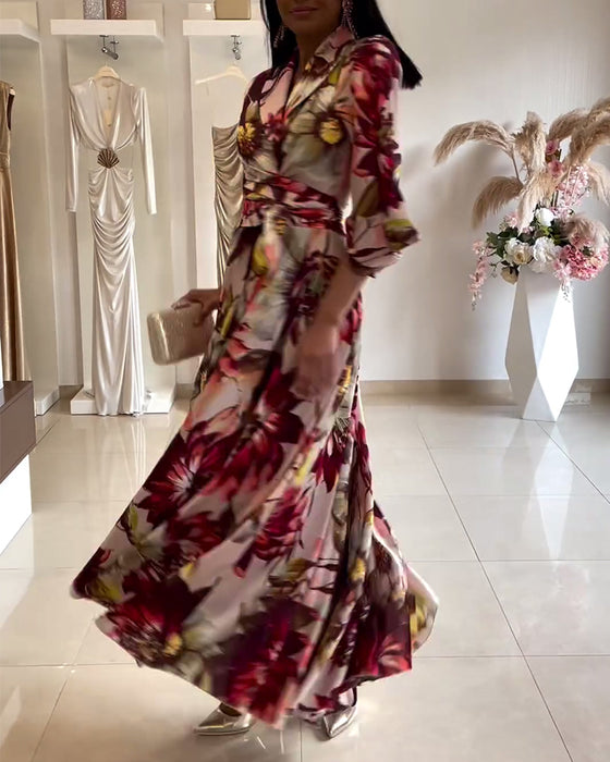 Jurk met revers, driekwartmouwen en bloemenprint