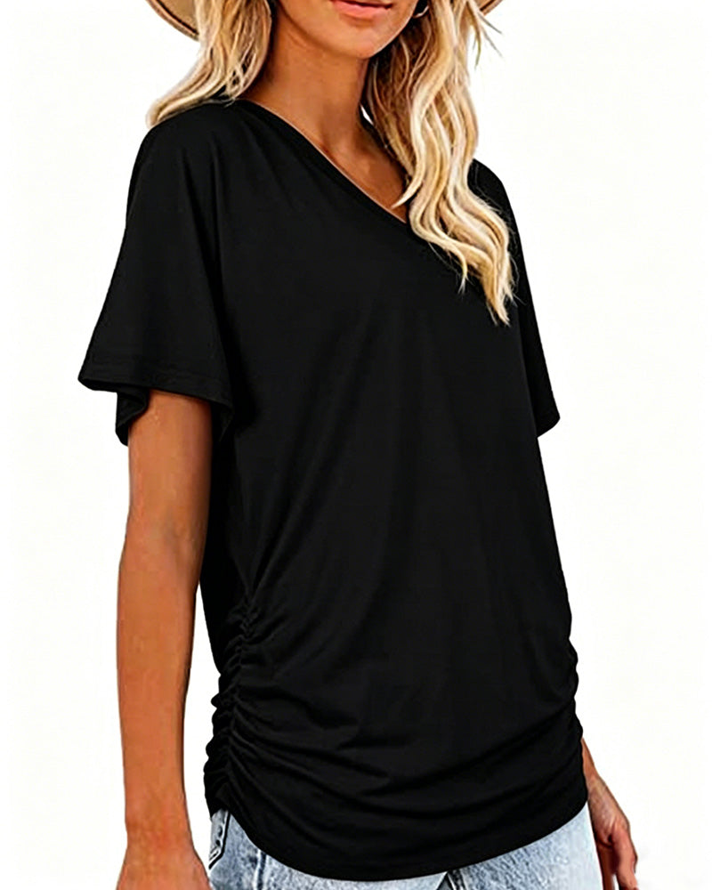 T-Shirt Geplisseerd Effen V-Hals
