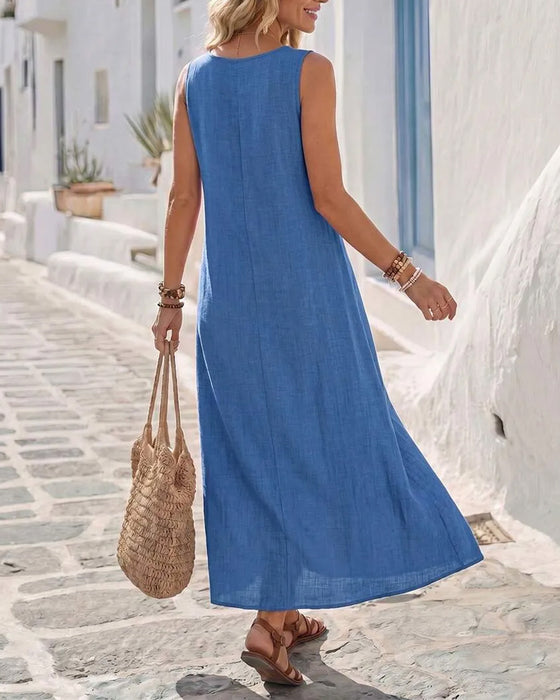 Jurk Ronde Hals Mouwloos Gerimpeld Volle Rok