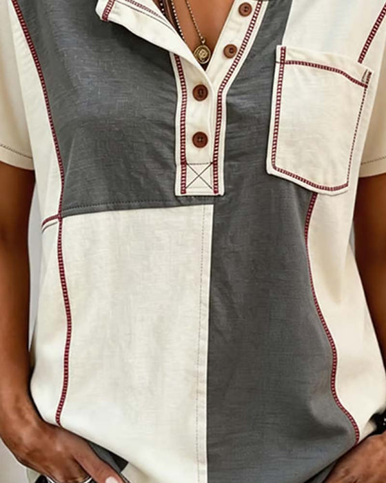 T-Shirt Contrastkleur Rondhals Knoop Patchwork