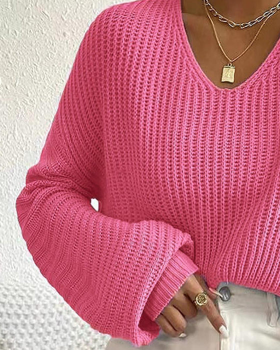 Pullover V-Hals Kort Vallende Schouder Lange Mouw