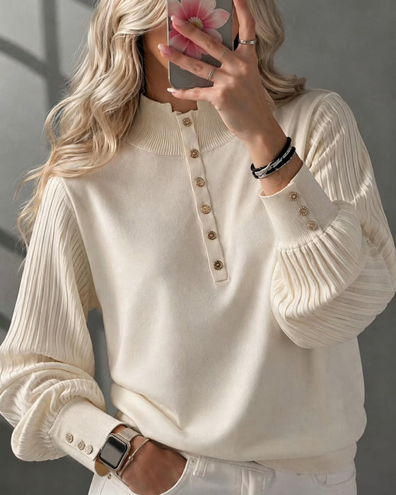 Pullover Turtleneck Knoop Geribd Pofmouw Trui