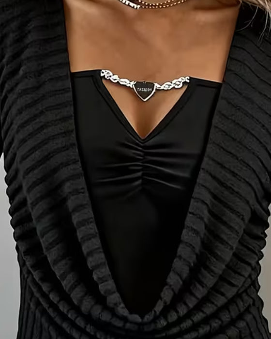 Top Faux Tweedelig Cowl Hals Lange Mouw