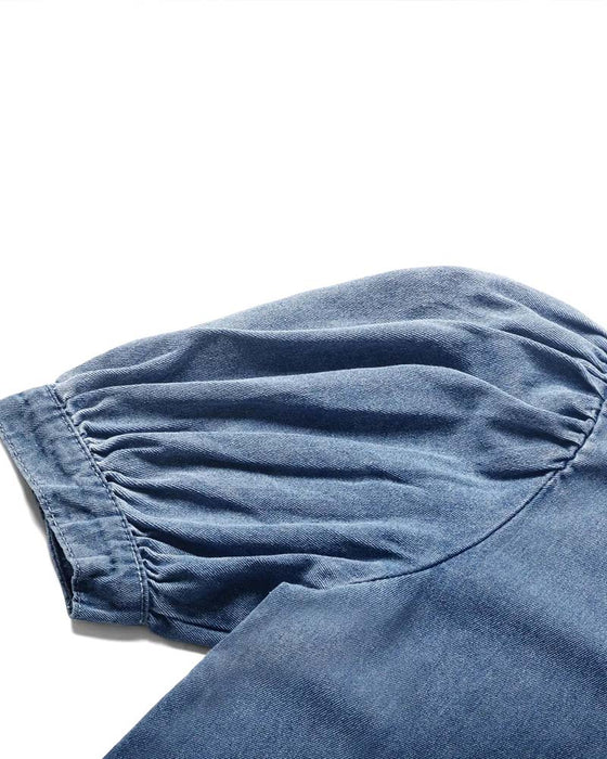 Overhemd Drukknoop Denim Lantaarn Mouw Los