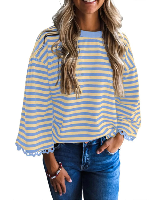 Blouse Ronde Hals Drop Schouder Streep Uitsnede