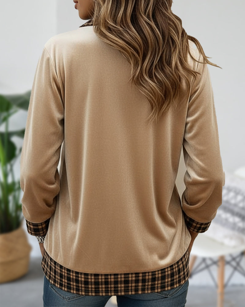 Hoodie Met Kraag Ontwerp, Ruitpatroon, Patchworkdetail En Fluwelen Stof