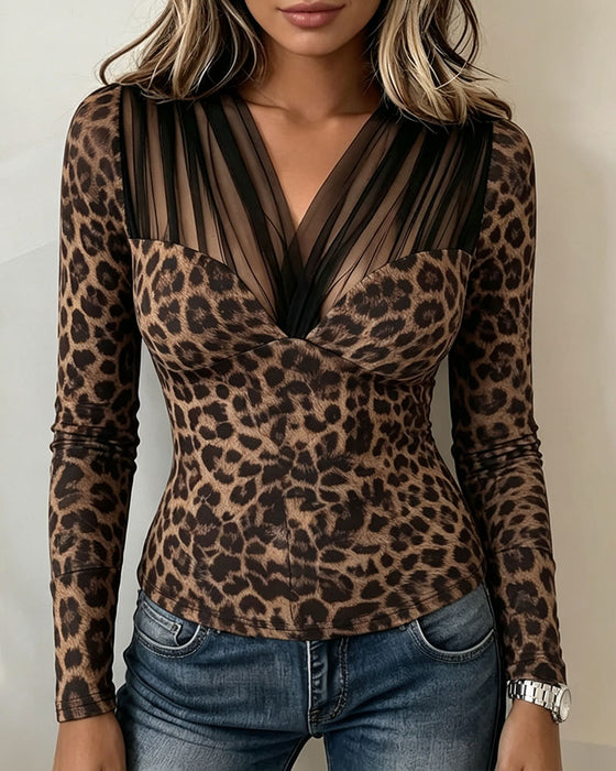 Top Sheer V-Hals Luipaard
