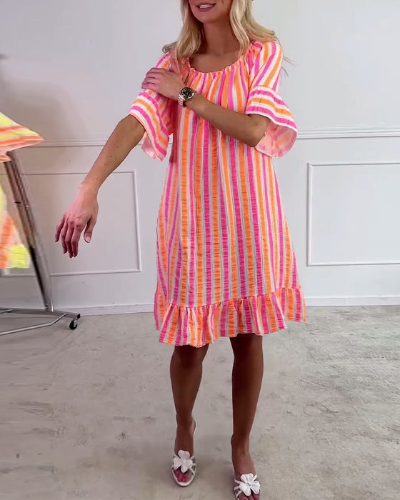 Jurk Ronde Hals Gestreept Geplooid Shift