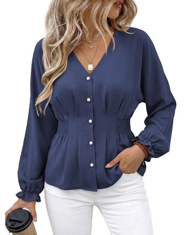 Blouse V-Hals Knoop Geplooid Taille Volant