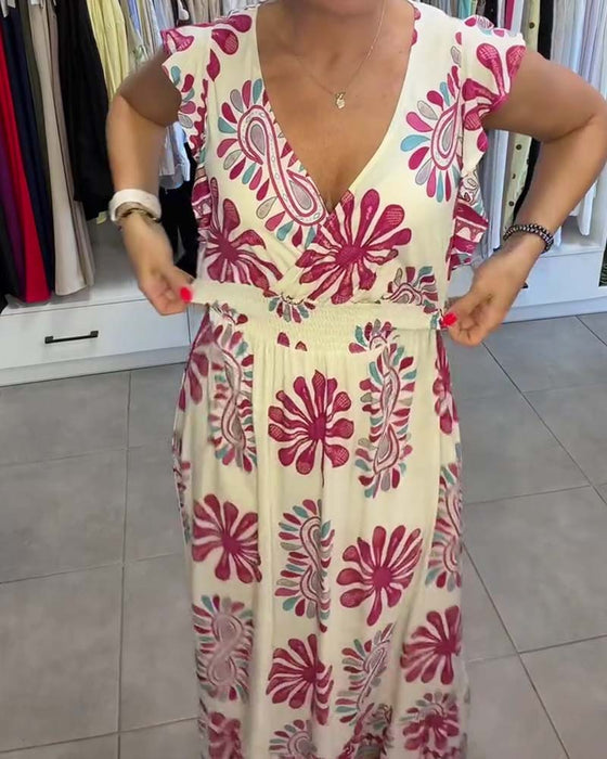 Jurk Bloemen Taille-Riem Fladder-Mouw Vakantie Maxi