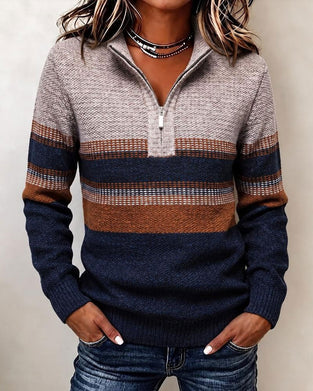 Pullover Revers Rits Gestreept Contrast