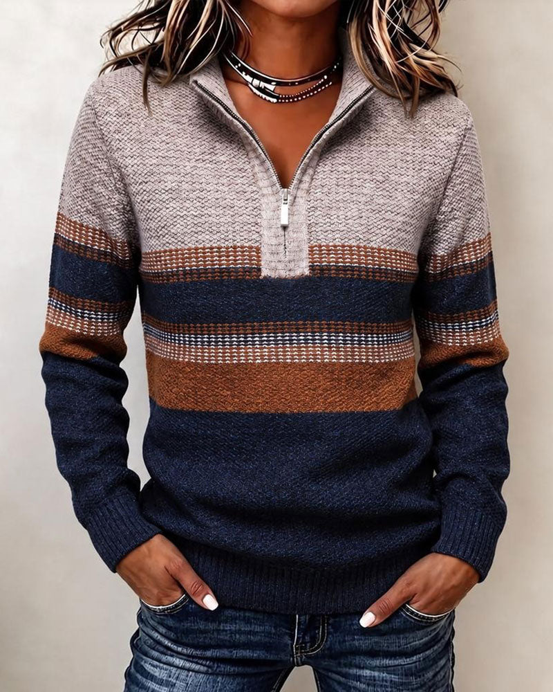 Pullover Revers Rits Gestreept Contrast