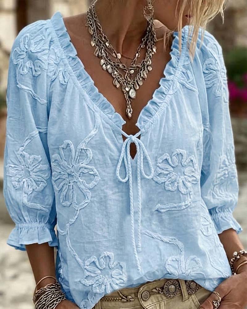 Blouse 100% Katoen V-Hals Wikkel Strik Gerafeld