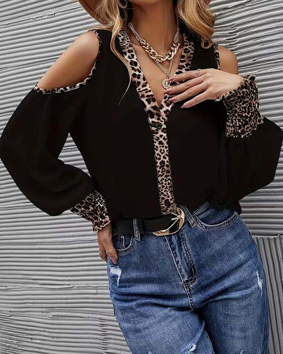 Blouse Off-Schouder Luipaard Patchwork Lange Mouw