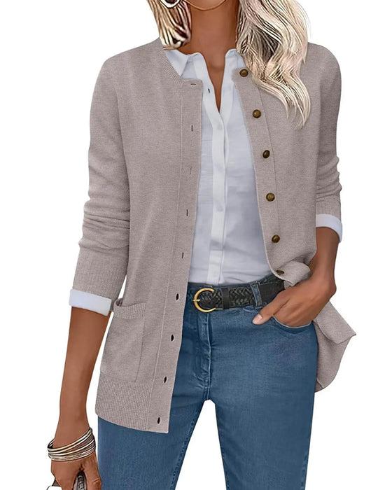 Cardigan Rondhals Knoop Lange Mouw Effen