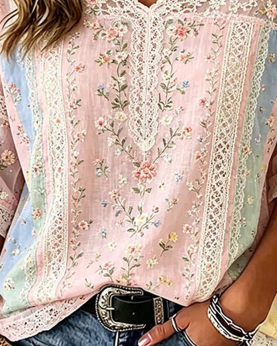 Blouse V-Hals Kant Patchwork Contrast Bloemen