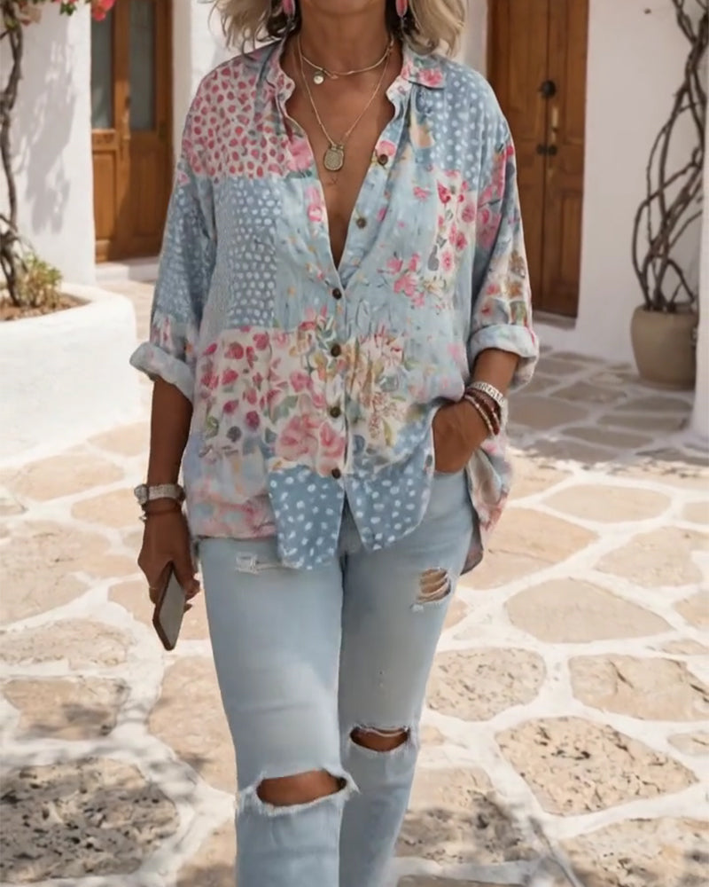 Overhemd Met Kleine Bloemenprint En Opstaande Kraag