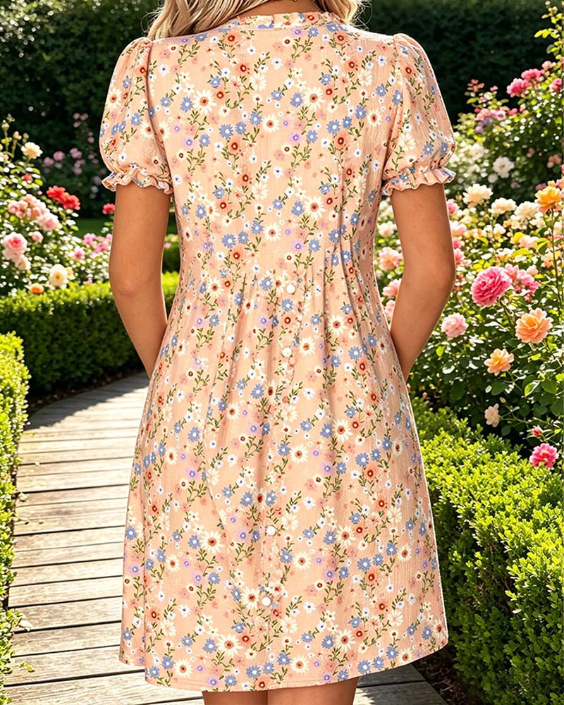 Jurk Bloemen V-Hals Ballon Mouw Gerimpeld