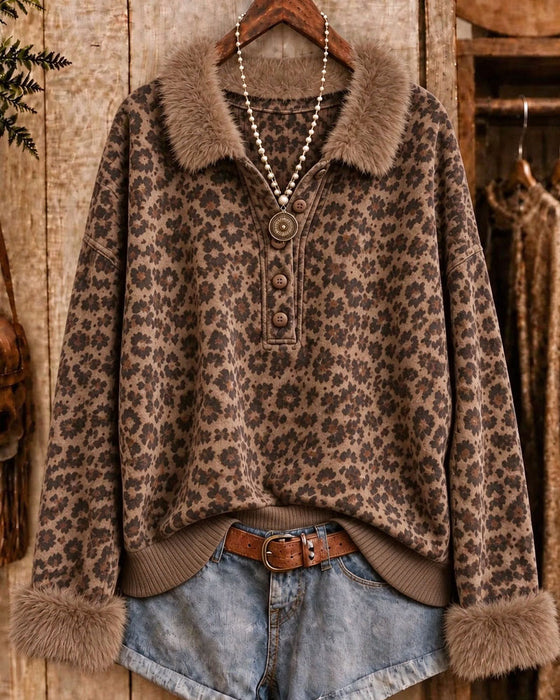 Sweatshirt Revers Geknoopt Luipaardprint Lange Mouw