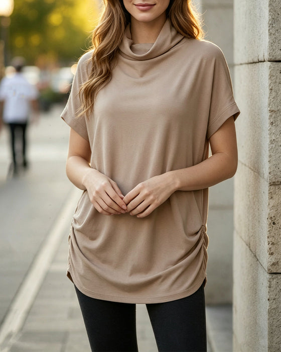 Blouse Mock Hals Korte Mouw Zijde Gerimpeld