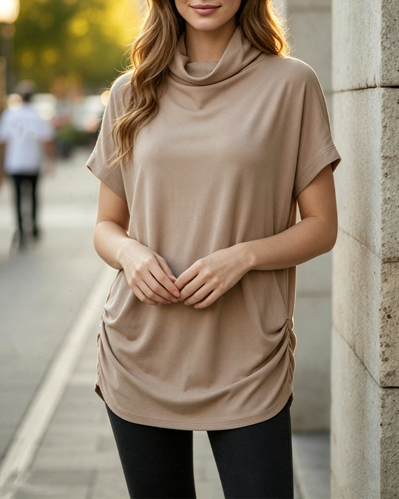 Blouse Mock Hals Korte Mouw Zijde Gerimpeld