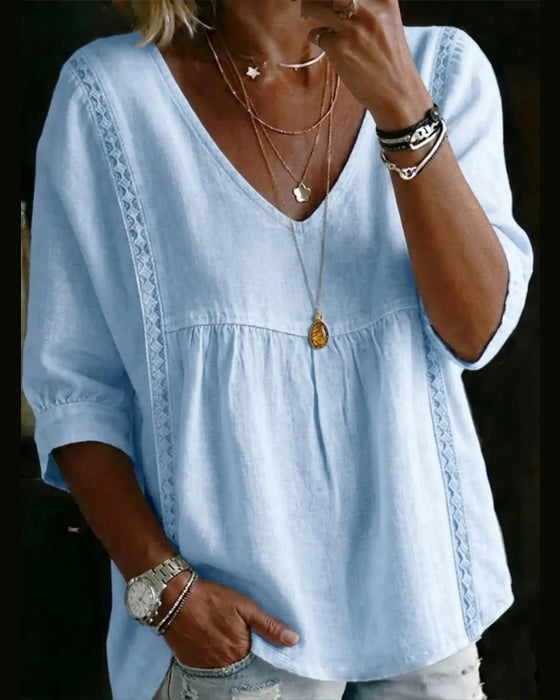 Blouse V-Hals Kant Hol Geplooid