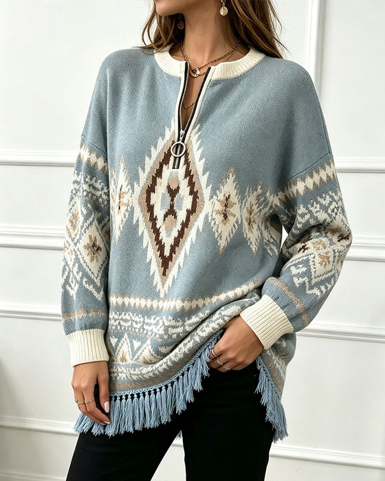Pullover Geometrisch Jacquard Half-Zip Gerafelde Rand