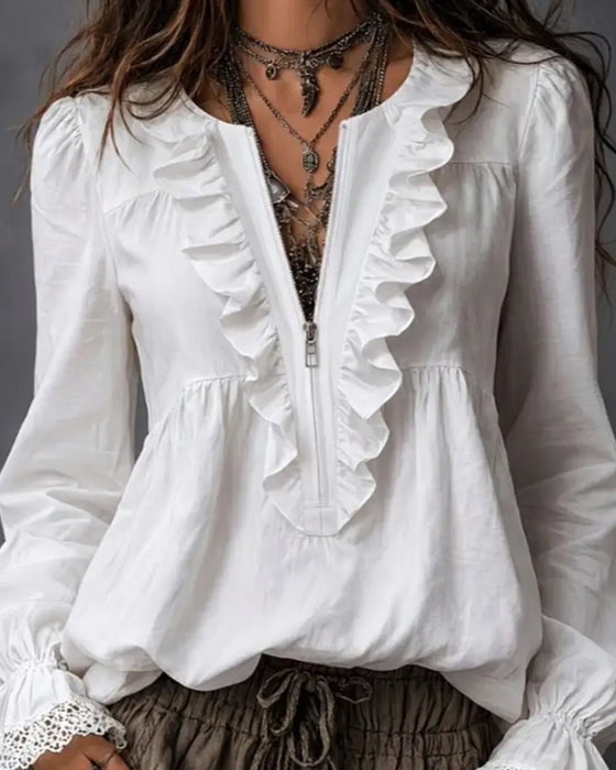 Blouse Met Rits En Ruchesmouwen