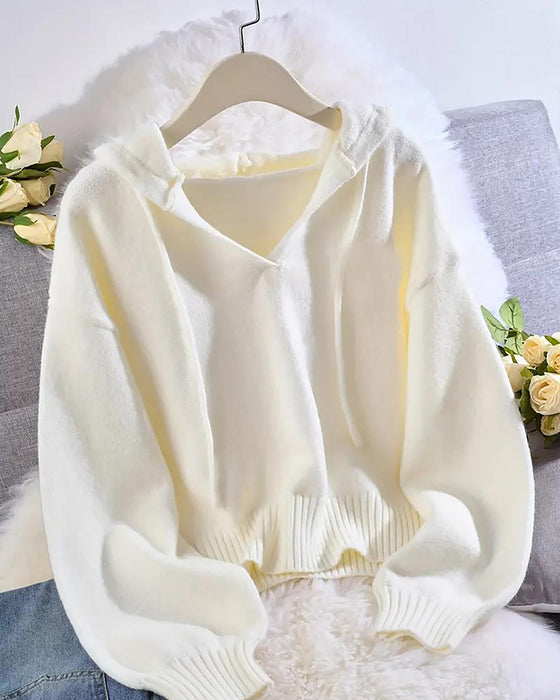 Pullover Kort V-Hals Met Capuchon