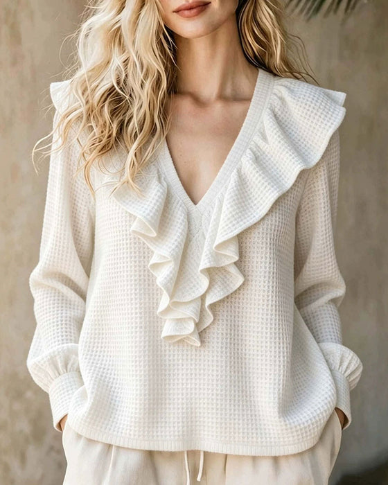 Blouse Wafelgebreid V-Hals Ruffle