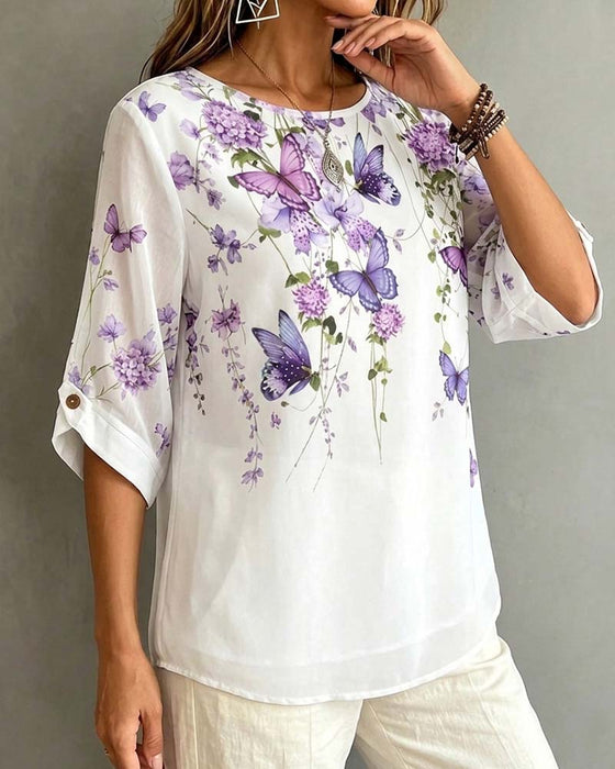 Blouse Rondhals Vlinder Bloemen