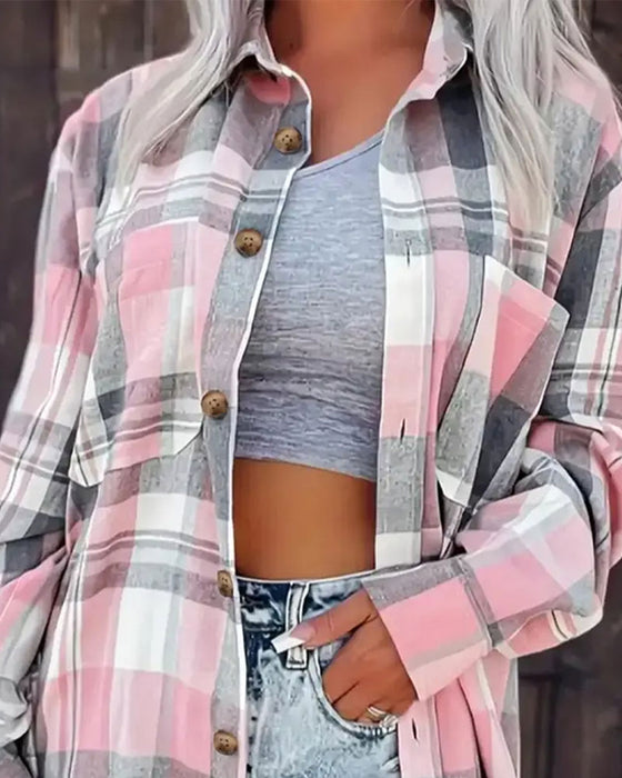 Blouse Geruit Los Knopssluiting Overhemd