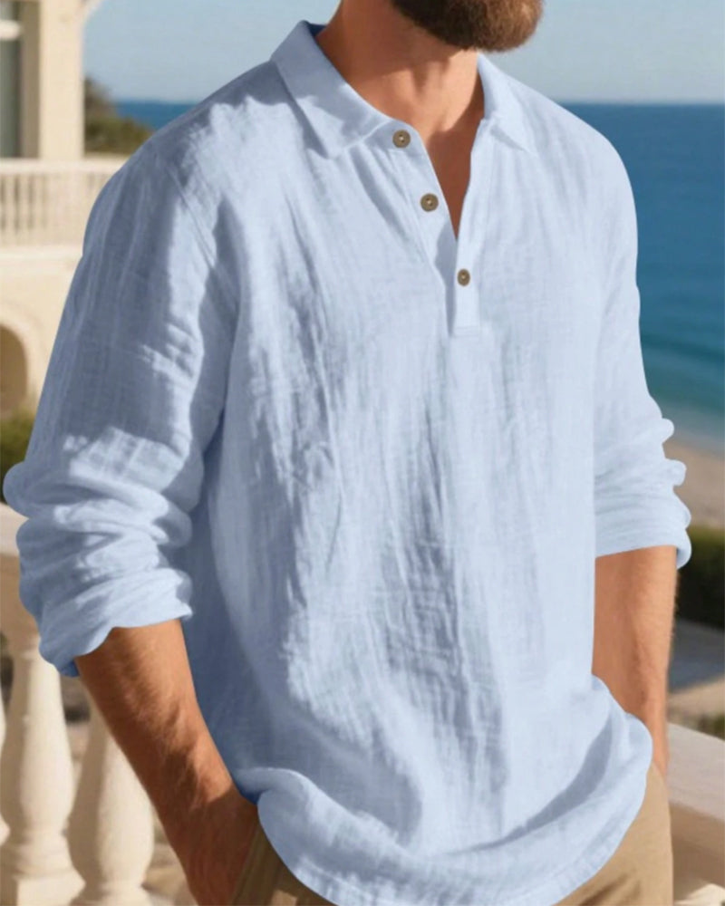 Overhemd Heren Lichtgewicht Los Linnen Lange Mouw Polo