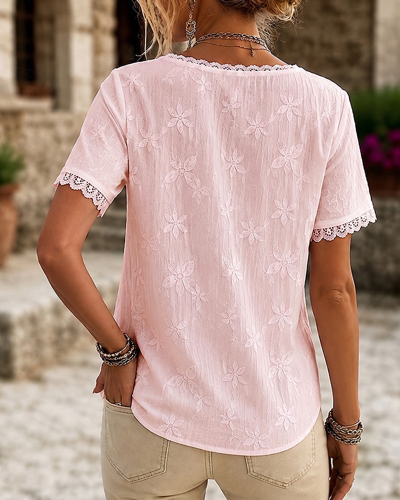Blouse V-Hals Kant Korte Mouw