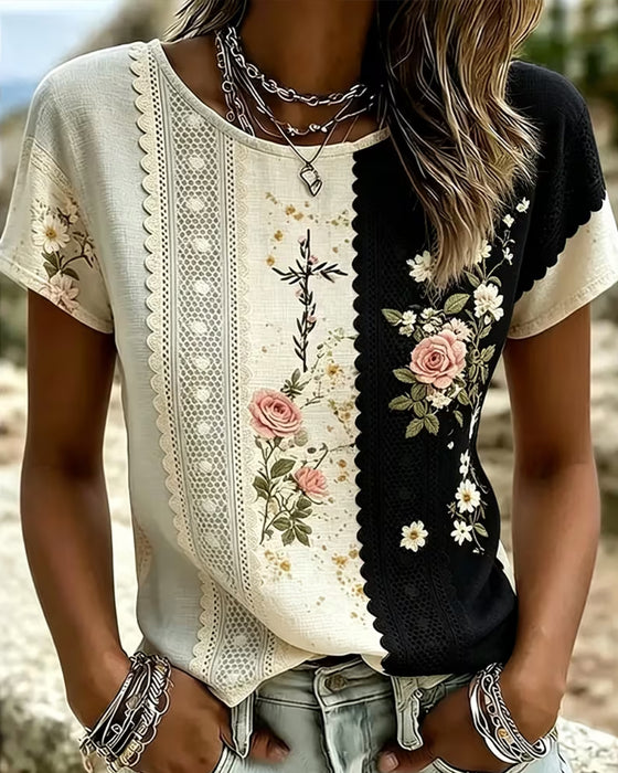 Blouse Contrast Kant Roos Afdruk