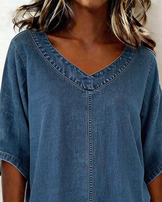 Top V-Hals Vrijblijvend Denim