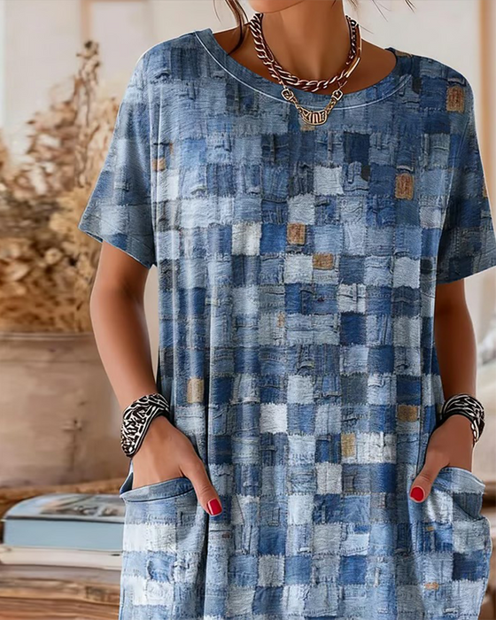 T-Shirt Gekleurd Ruit Print Korte Mouw