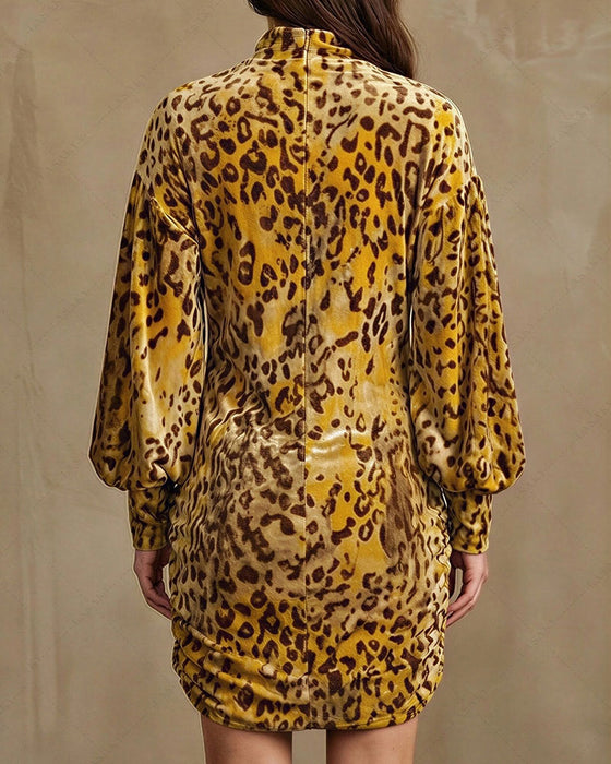 Jurk Hoge Hals Luipaard Lantaarn Mouw Elegant