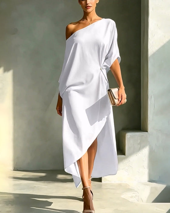 Jurk Off-Shoulder Gerimpeld Onregelmatig Effen