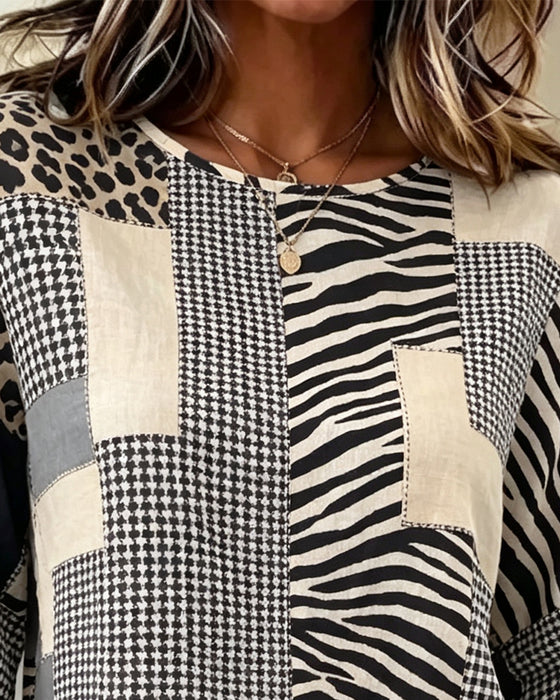 Blouse Ronde Hals Patchwork Ruit Luipaard