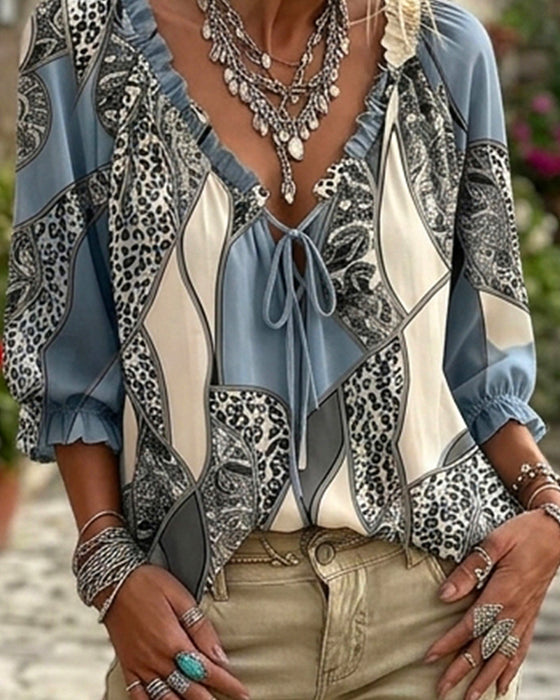 Blouse V-Hals Luipaard Pofmouw Strik