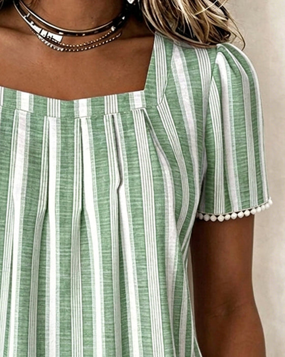 Blouse Gestreept Vierkante Hals Korte Mouw