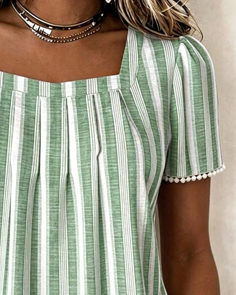Blouse Gestreept Vierkante Hals Korte Mouw