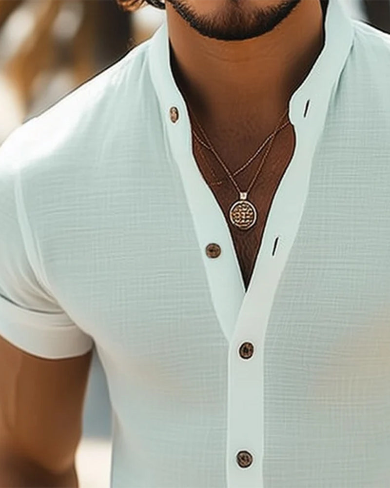 Shirt Staande Kraag Volledige Sluiting Korte Mouw