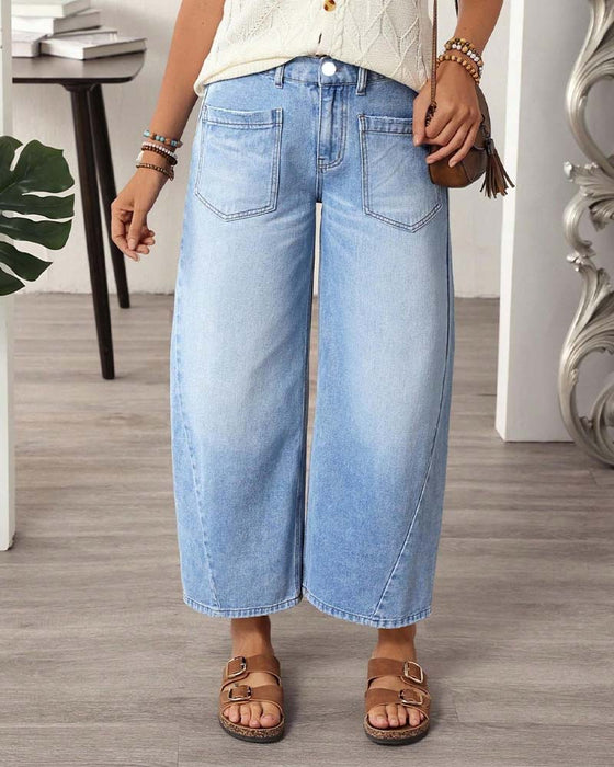 Jeans Denim Elastische Taille Wijd Pijp Cropped
