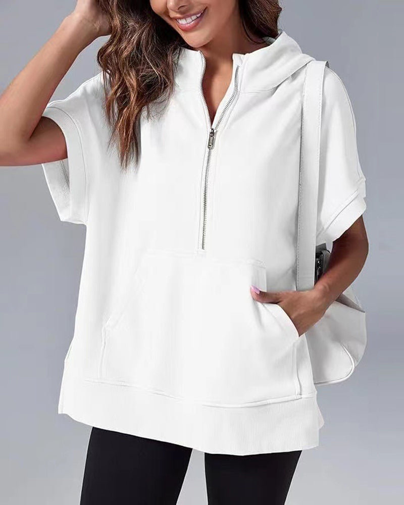 Sweatshirt Korte Mouw Gedeeltelijke Rits Capuchon