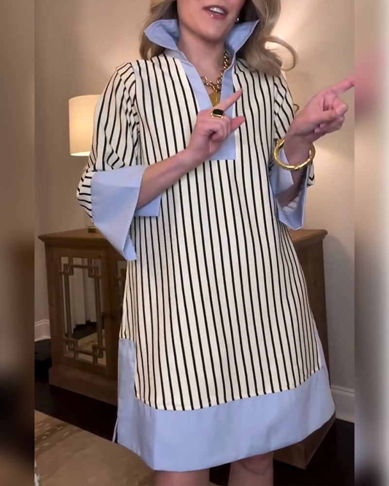 Jurk Gestreept Color-Block Met Kraag