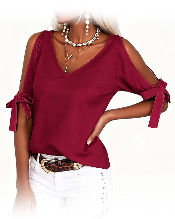 Blouse V-Hals Cold Shoulder Strik Effen