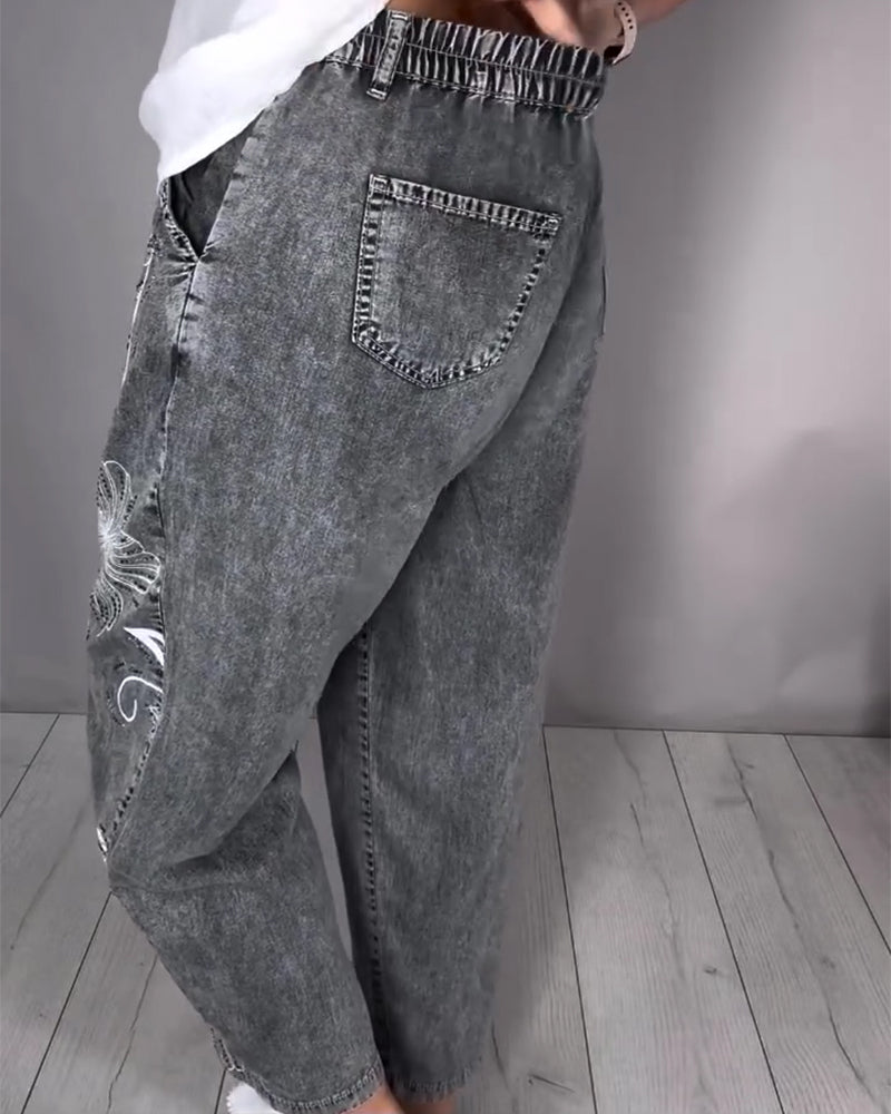 Jeans Bloemenprint Versleten