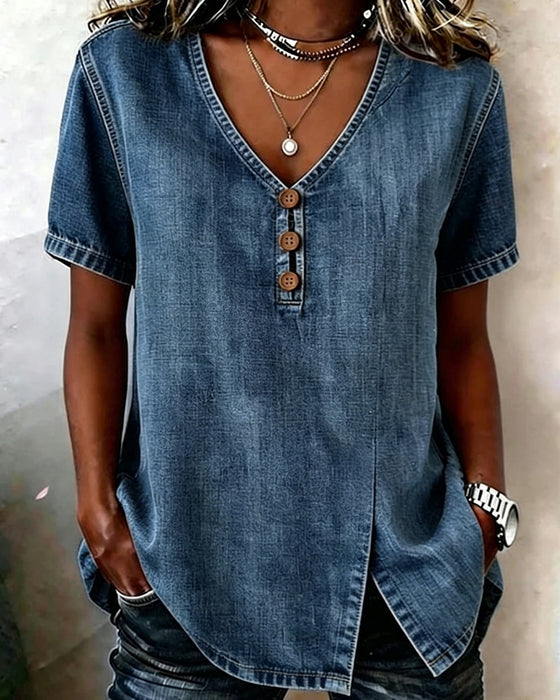 Blouse Van Denim Met Gespleten V-Hals